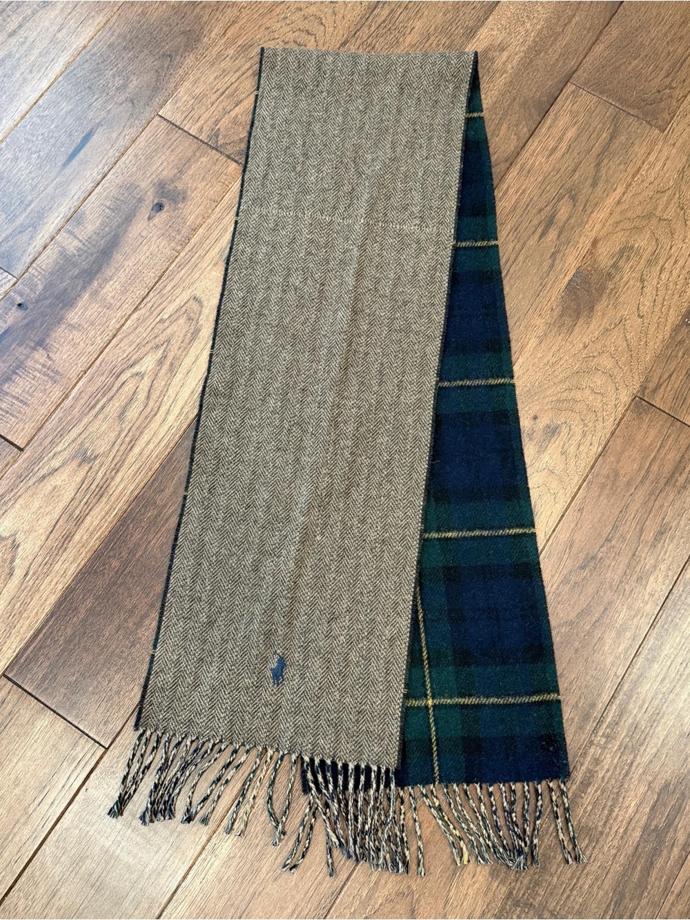 Polo Ralph Lauren Brown Herringbone & Dark Green Plaid Wool Scarf - Picture 7 of 7